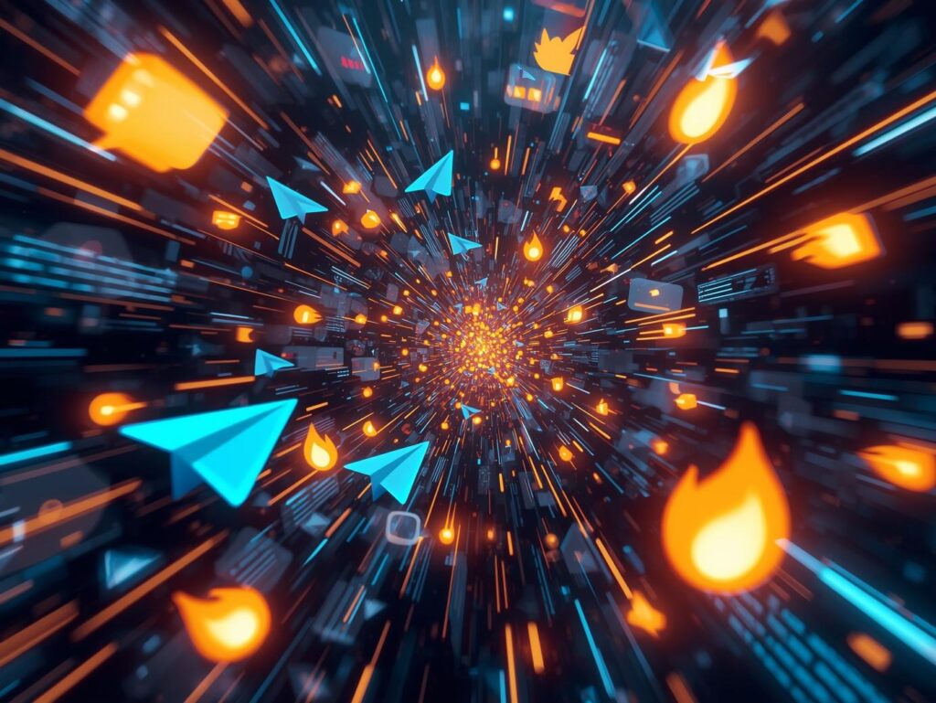 Collage numérique abstrait et dynamique, composé d'une multitude d'icônes d'applications et d'éléments d'interface lumineux, comme suspendus dans un profond vide tridimensionnel.