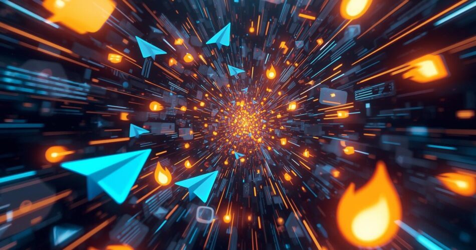 Collage numérique abstrait et dynamique, composé d'une multitude d'icônes d'applications et d'éléments d'interface lumineux, comme suspendus dans un profond vide tridimensionnel.