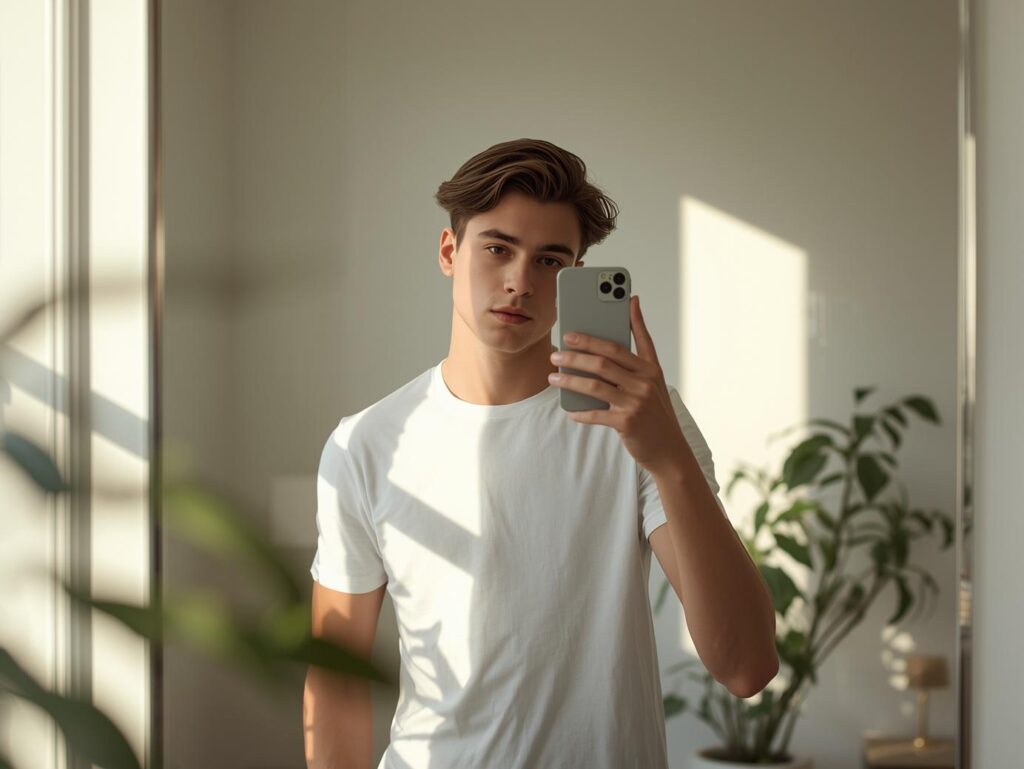 Une photographie lifestyle haut de gamme immortalisant un jeune Français de 18 ans, élégant, prenant un selfie devant un miroir. Dans sa chambre minimaliste et baignée de soleil, il porte un t-shirt blanc impeccable qui lui va à merveille.