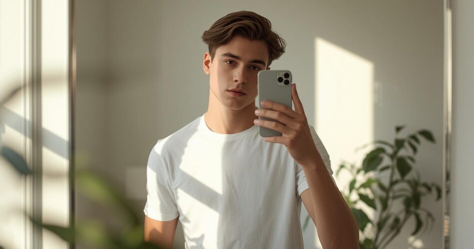 Une photographie lifestyle haut de gamme immortalisant un jeune Français de 18 ans, élégant, prenant un selfie devant un miroir. Dans sa chambre minimaliste et baignée de soleil, il porte un t-shirt blanc impeccable qui lui va à merveille.