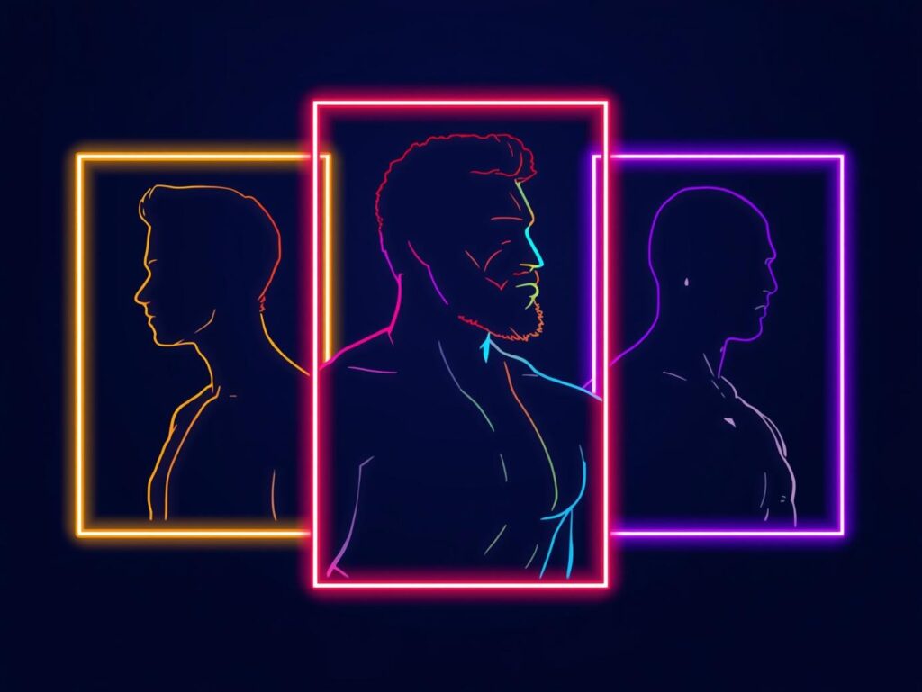 Composition mettant en scène les silhouettes de trois hommes gays aux styles distincts, encadrées de néons éclatants.