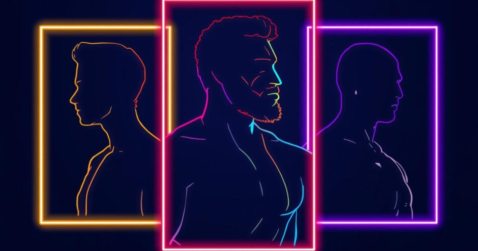 Composition mettant en scène les silhouettes de trois hommes gays aux styles distincts, encadrées de néons éclatants.