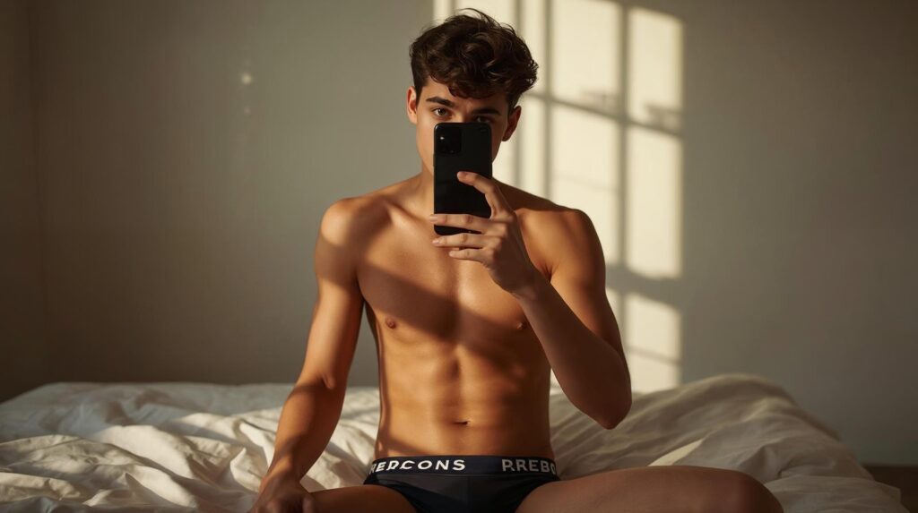 Un jeune Français de 18 ans, athlétique et musclé, vêtu d'un élégant sous-vêtement de marque, est assis sur un lit dans une chambre minimaliste. Baigné par la douce lumière naturelle du matin, il projette de délicates ombres sur sa peau. Il tient un smartphone comme pour prendre un selfie, l'appareil masquant son visage.