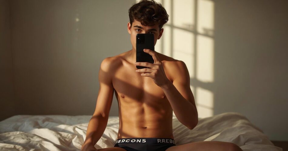 Un jeune Français de 18 ans, athlétique et musclé, vêtu d'un élégant sous-vêtement de marque, est assis sur un lit dans une chambre minimaliste. Baigné par la douce lumière naturelle du matin, il projette de délicates ombres sur sa peau. Il tient un smartphone comme pour prendre un selfie, l'appareil masquant son visage.