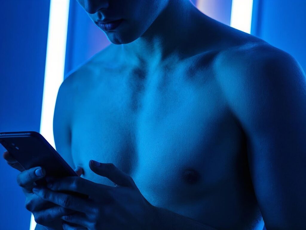 Photographie en haute définition du torse d'un jeune Français de 18 ans, où la douceur de sa peau se devine subtilement sous un éclairage néon bleu et blanc saisissant. Il tient un smartphone, dans une pose qui évoque la rédaction d'un message, incarnant à la perfection l'échange numérique haute définition.