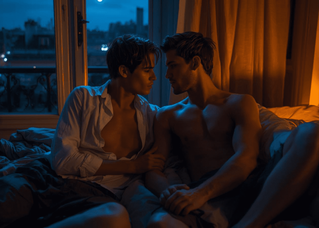 Gros plan cinématographique de deux jeunes Français de 18 ans dans un studio parisien faiblement éclairé. L'un porte une chemise blanche ouverte, l'autre est torse nu, dévoilant des épaules musclées. Assis côte à côte sur des draps froissés, près d'une grande porte-fenêtre, ils se tiennent très près l'un de l'autre.