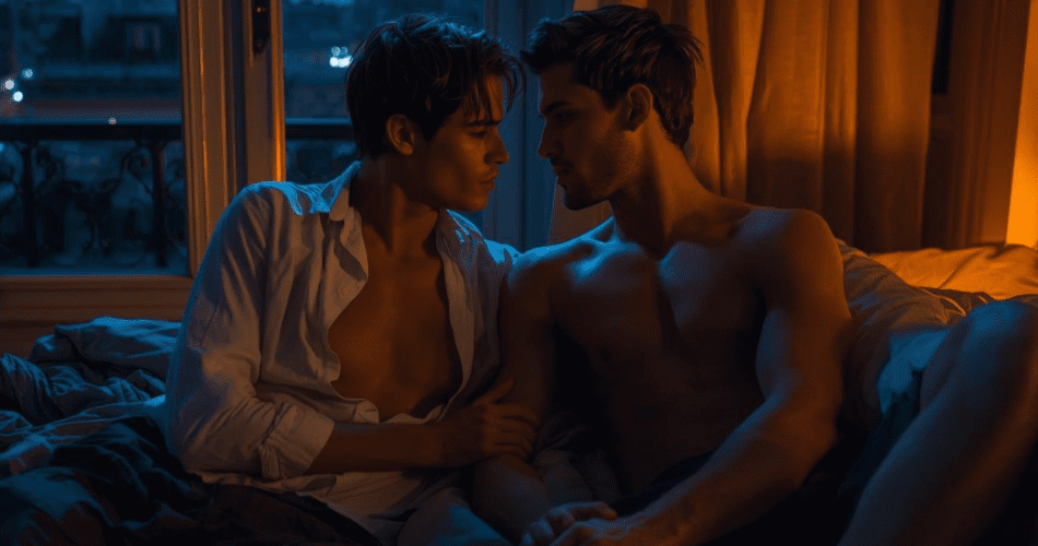 Gros plan cinématographique de deux jeunes Français de 18 ans dans un studio parisien faiblement éclairé. L'un porte une chemise blanche ouverte, l'autre est torse nu, dévoilant des épaules musclées. Assis côte à côte sur des draps froissés, près d'une grande porte-fenêtre, ils se tiennent très près l'un de l'autre.