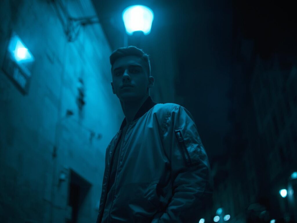 Un jeune homme, légèrement flou, vêtu d'un blouson aviateur stylé, se tient sous un lampadaire bleu néon tamisé, dans une rue parisienne.