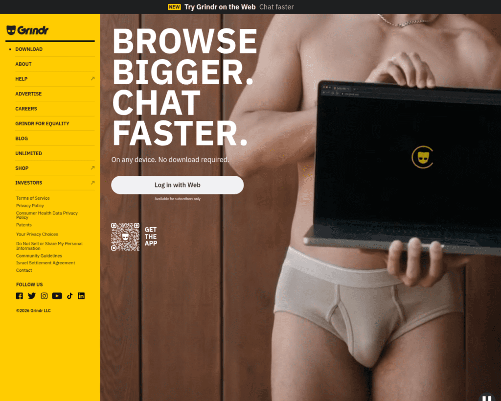 Page d'accueil site Grindr